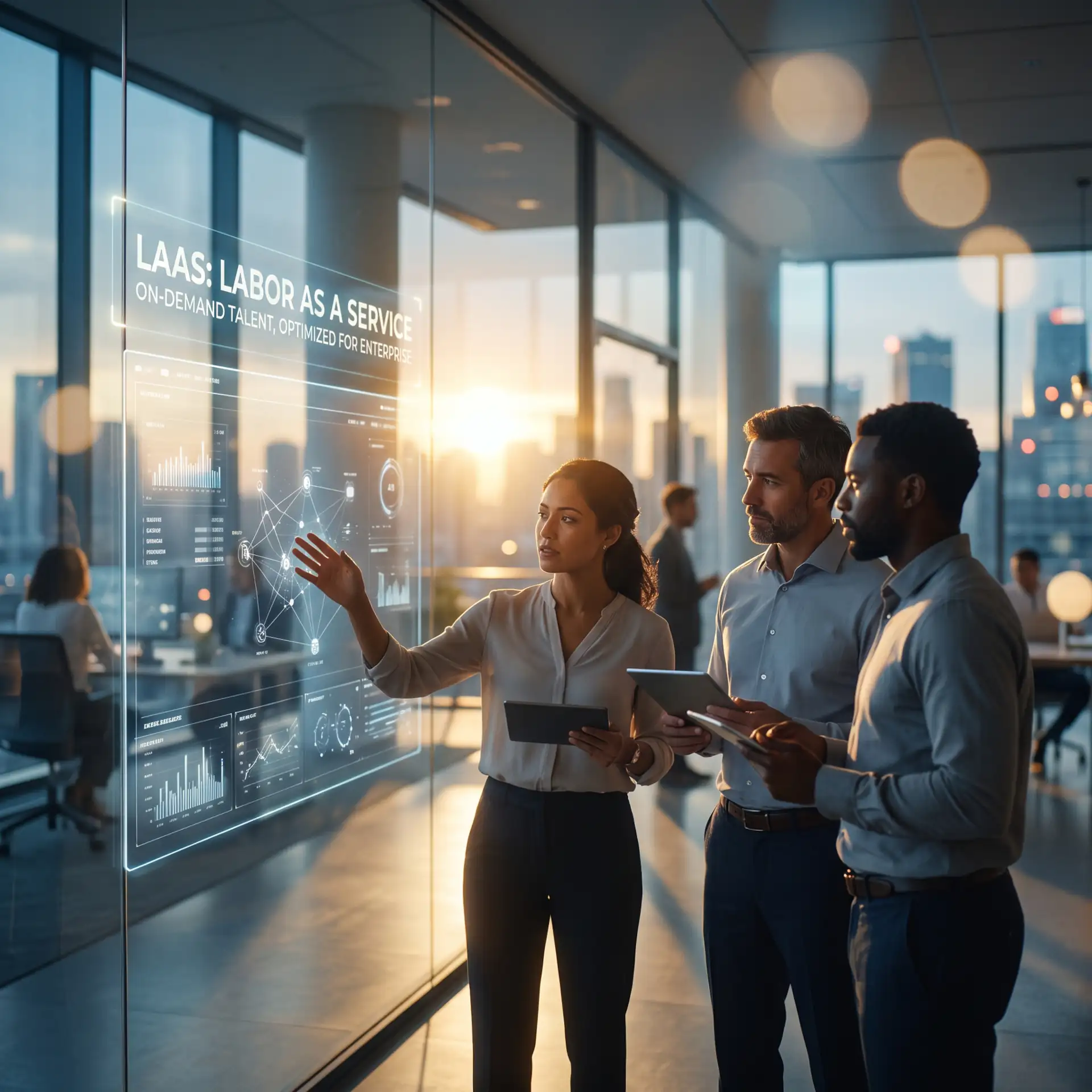 Enterprise team reviewing Labor as a Service agent activity on a glass display, approving governed AI-executed work in real time.